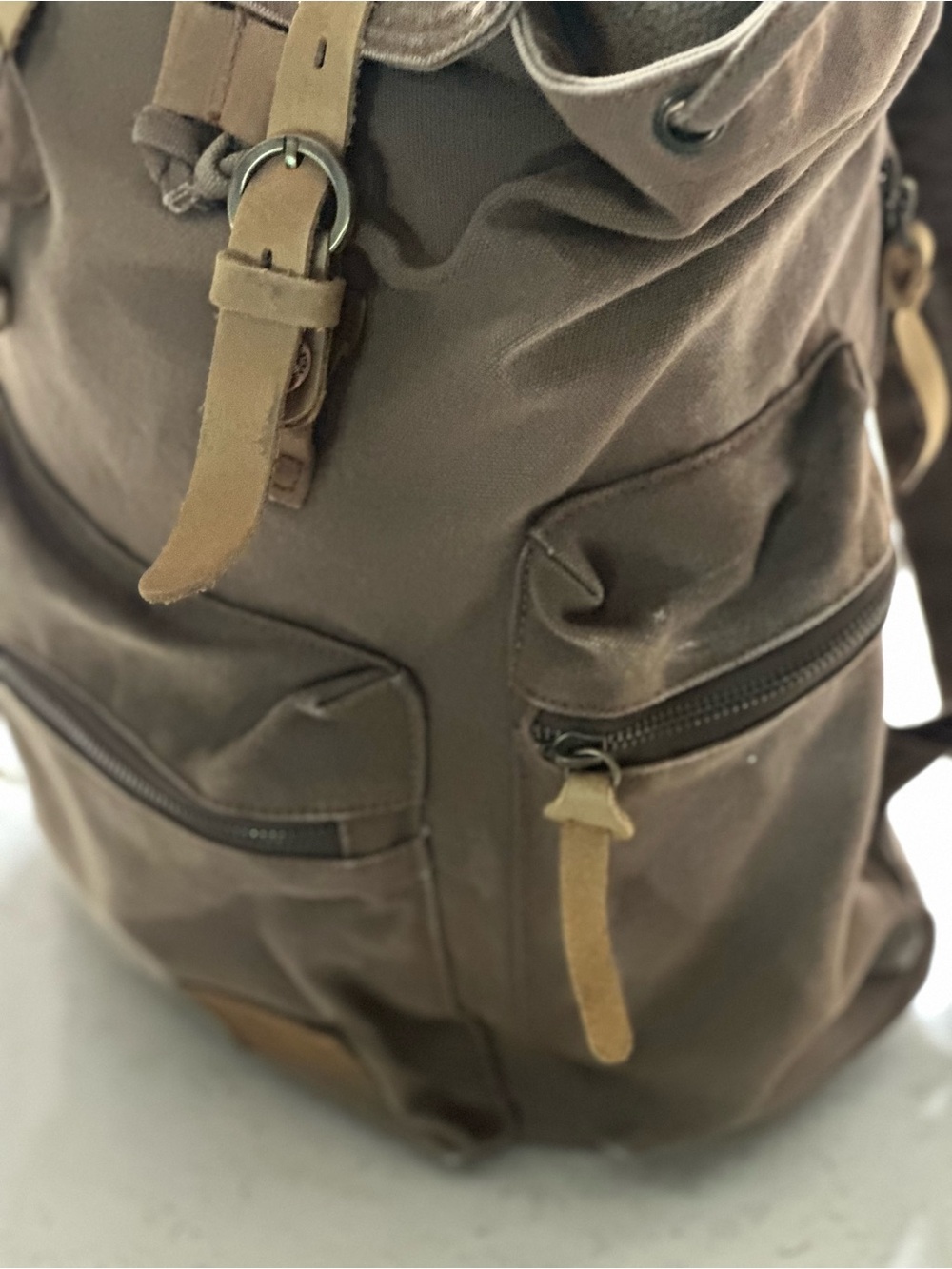 Men's Brown Canvas Roll-Top Backpack with Leather Trim